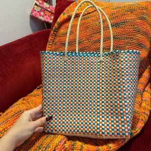 Handmade woven tote bag in Orange, Off-White and Blue